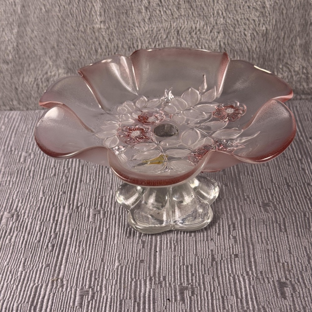 Pink Glass Flower Pedestal Candle Plate Small Vintage Floral Decorative Tray
